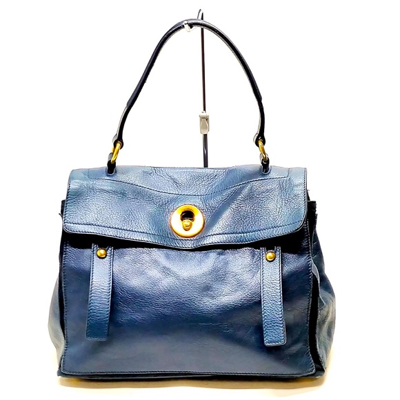 Auth Saint Laurent Medium YSL Blue Leather Muse Tote Bag - Picture 1 of 8